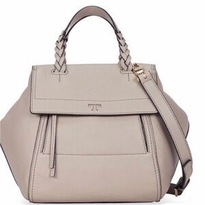 Tory Burch French Gray Leather Half Moon Satchel Handbag with Crossbody Strap